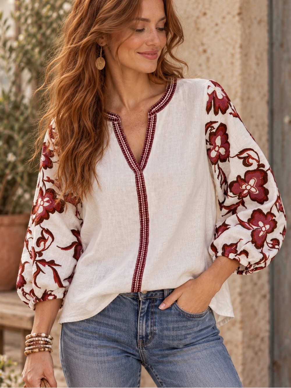 Calypso St. Barth M Cotton Top Brown Embroidered Fall Floral Puff Sleeves Boho